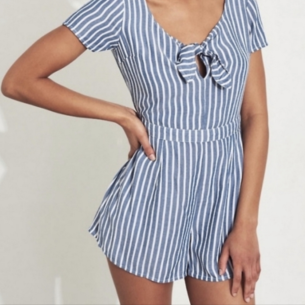 Hollister Tie Front Blue Striped Romper with keyhole back